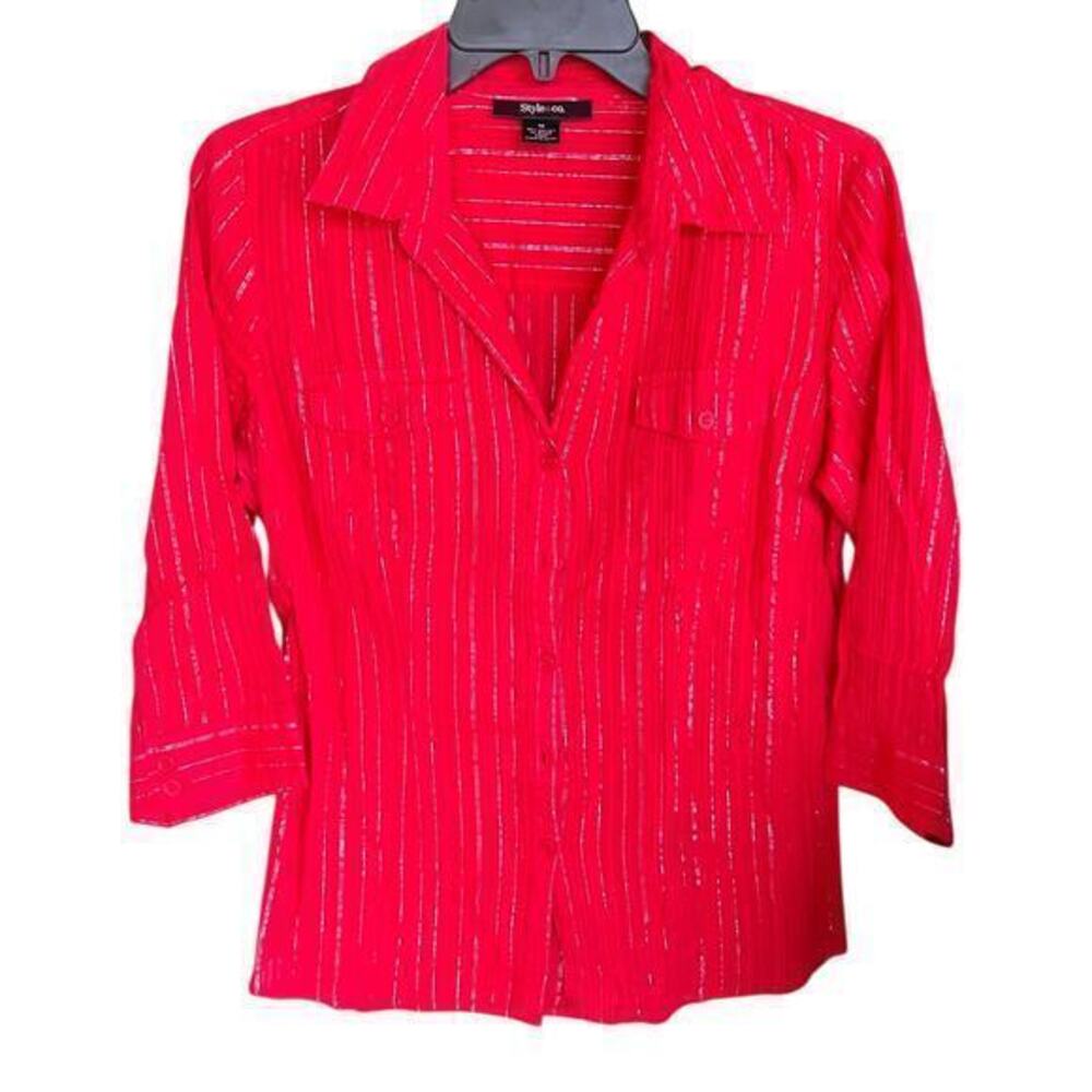 STYLE & CO. Y2K red metallic 3/4 sleeve crinkle button front blouse  VTG sz 10